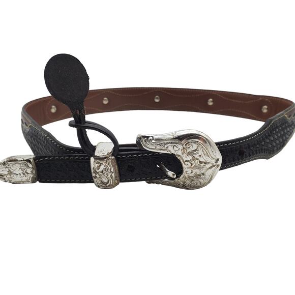 Justin Brown Black Leather Belt Braided Western Conchos Silver Tooled Buckle 30 - Picture 13 of 13